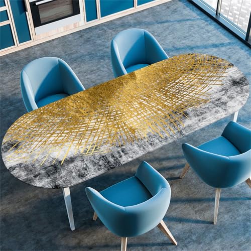 Morbuy Tischdecke Wasserdicht Oval, Antik Stil Elastische Tischdecke Oval Tischdecke mit Gummizug Rund, Tischdecken Tischtuch Abwischbar Gartentischdecken Tischschutz (132x183cm,Gold) von Morbuy