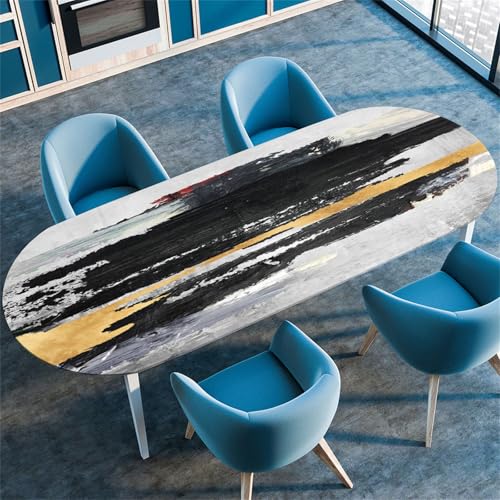 Morbuy Tischdecke Wasserdicht Oval, Antik Stil Elastische Tischdecke Oval Tischdecke mit Gummizug Rund, Tischdecken Tischtuch Abwischbar Gartentischdecken Tischschutz (132x274cm,Schwarz) von Morbuy