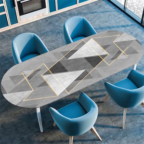 Morbuy Tischdecke Wasserdicht Oval, Dreieck Geometrisch Stil Elastische Tischdecke Oval Tischdecke mit Gummizug Rund, Tischdecken Tischtuch Abwischbar Tischschutz (107x152cm,Hellgrau) von Morbuy