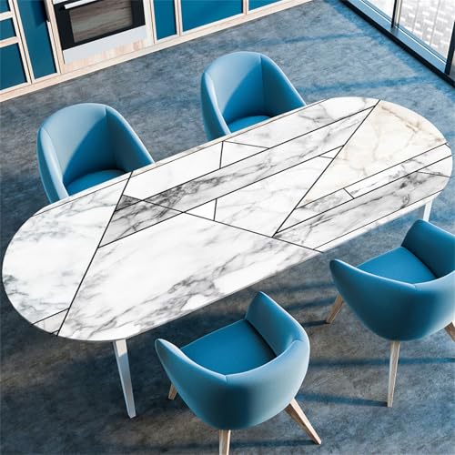 Morbuy Tischdecke Wasserdicht Oval, Dreieck Geometrisch Stil Elastische Tischdecke Oval Tischdecke mit Gummizug Rund, Tischdecken Tischtuch Abwischbar Tischschutz (91x152cm,Marmor) von Morbuy
