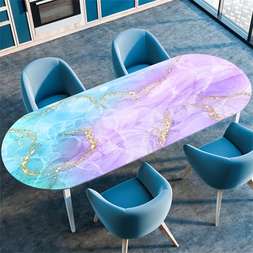 Morbuy Tischdecke Wasserdicht Oval, Marmor Steinkörnung Elastische Tischdecke Oval Tischdecke mit Gummizug Rund, Tischdecken Tischtuch Abwischbar Gartentischdecken (107x165cm,Blau + Lila B) von Morbuy