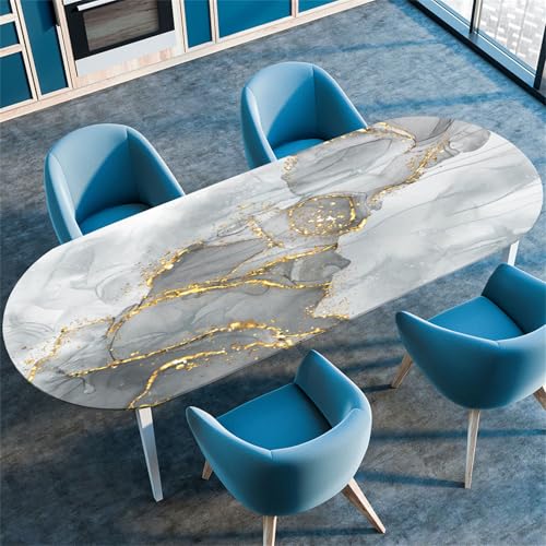 Morbuy Tischdecke Wasserdicht Oval, Marmor Steinkörnung Elastische Tischdecke Oval Tischdecke mit Gummizug Rund, Tischdecken Tischtuch Abwischbar Gartentischdecken (114x142cm,Grau + Gold B) von Morbuy