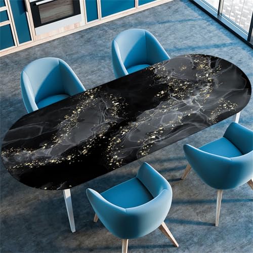 Morbuy Tischdecke Wasserdicht Oval, Marmor Steinkörnung Elastische Tischdecke Oval Tischdecke mit Gummizug Rund, Tischdecken Tischtuch Abwischbar Gartentischdecken (91x152cm,Schwarz Marmor B) von Morbuy