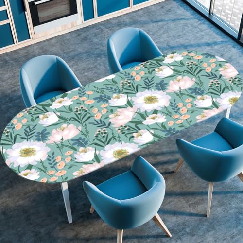 Morbuy Tischdecke Wasserdicht Oval, Outdoor Garten Tischdecken mit Elastisch, Blumen Drucken Abwaschbar Küchentisch Tischtuch für Draussen Tisch Dekoration (Grüne Blumen,132x229cm) von Morbuy