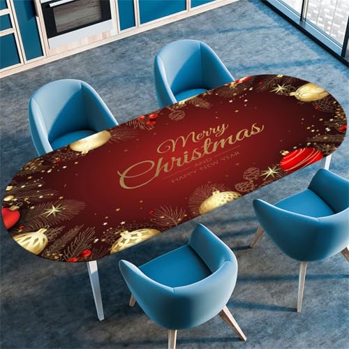 Morbuy Tischdecke Wasserdicht Oval, Weihnachten Frohes Neues Jahr Elastische Tischdecke Oval Tischdecke mit Gummizug Rund, Tischdecken Tischtuch Gartentischdecken (132x178cm,Weihnachtskugel) von Morbuy