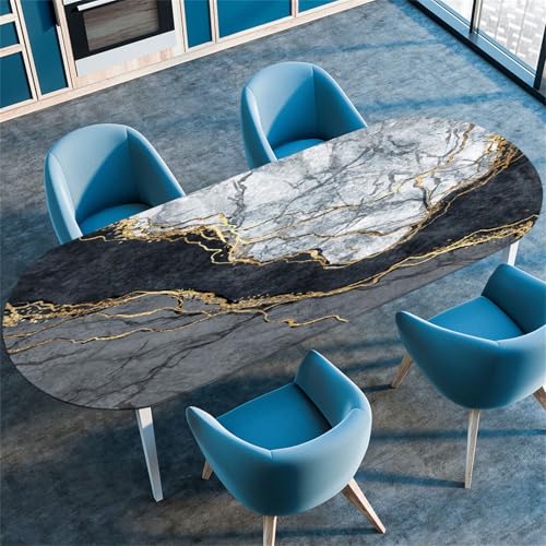 Morbuy Tischdecke Wasserdicht Oval,Marmor Drucken Elastische Tischdecke Oval Tischdecke mit Gummizug Rund, Tischdecken Tischtuch Abwischbar Gartentischdecken Tischschutz (91x152cm,Grau Marmor) von Morbuy