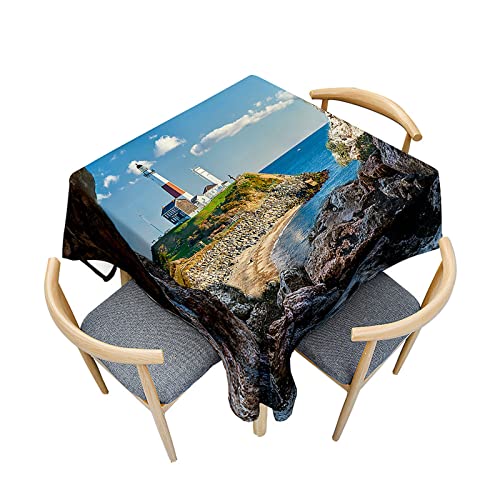 Morbuy Tischdecken Quadratisch, Ozean Wellen Muster Tischdecke Wasserdicht Lotuseffekt Küchentischdecke Abwischbar Tischtuch für Dekoration Restaurant Garten Outdoor (150x150cm,Leuchtturm) von Morbuy