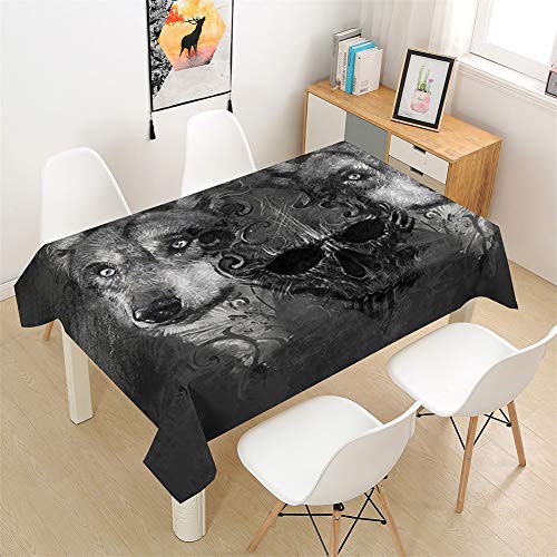 Morbuy Tischdecken Rechteckig, 3D Tier Wolf Drucken Tischdecke Quadratisch Wasserdicht Lotuseffekt Abwischbar Tischtuch für Küche Garten Outdoor Dekoration (140x200cm,Schädeldruck) von Morbuy