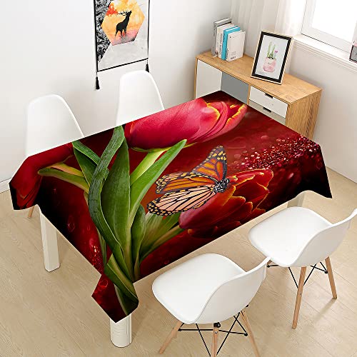 Morbuy Tulpe Drucken Tischdecke Abwaschbar für Speisetisch, Wasserabweisend Fleckschutz Abwischbar Lotuseffekt Quadrat Küchentischabdeckung Tischtuch Pflegeleicht (100x140cm,Rot) von Morbuy