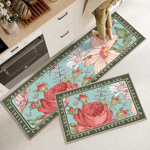 Morbuy Waschbar rutschfest Küchenteppich, Absorbierend Teppich Kieselgur Pastorale Serie Teppich Küchenvorleger für Flur, Schlafzimmer (Pfingstrose,60x180cm) von Morbuy