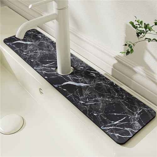 Morbuy Wasserhahnmatte für Küchenspüle, Marmor Steinmaserung Schnelltrocknend Saugfähige Matte für Wasserhahn, Spritzschutz Wasserhahn Matte Waschbecken Trockenunterlage (Dunkelgrau,14x60cm) von Morbuy