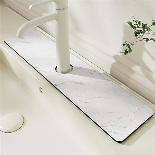 Morbuy Wasserhahnmatte für Küchenspüle, Marmor Steinmaserung Schnelltrocknend Saugfähige Matte für Wasserhahn, Spritzschutz Wasserhahn Matte Waschbecken Trockenunterlage (Weiß Marmor,14x60cm) von Morbuy