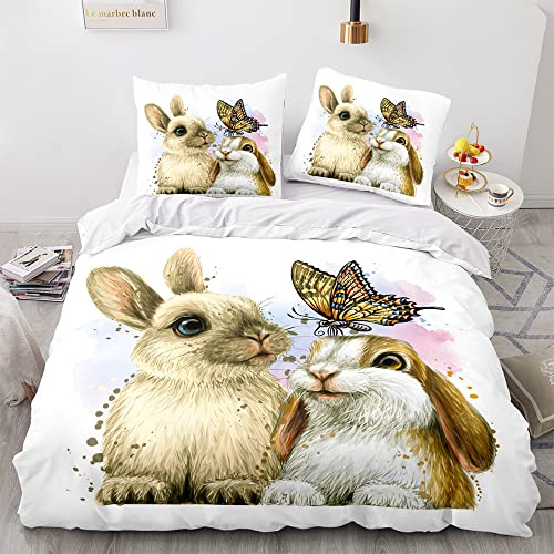 Morbuy Weiche Bettwäsche aus Mikrofaser Bettbezug 135x200 155x220 200x200 220x240 mit Reißverschluss + Kissenbezüge 80x80 cm, Hase Kaninchen Drucken Bettwäsche-Set (220x240cm,Hase Schmetterling) von Morbuy