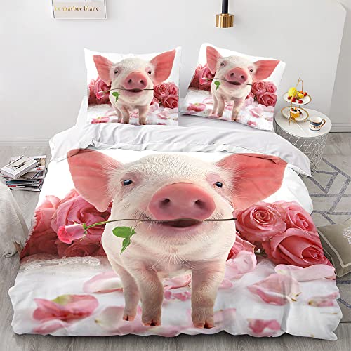 Morbuy Weiche Bettwäsche aus Mikrofaser Bettbezug 135x200 155x220 200x200 220x240 mit Reißverschluss + Kissenbezüge 80x80cm, Schweinchen Drucken Bettwäsche-Set (155x220cm,rosa Schweinchen) von Morbuy