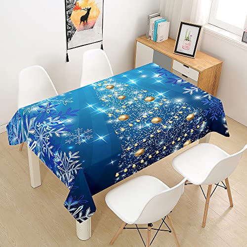 Morbuy Weihnachten Tischdecke Abwaschbar für Speisetisch, Weihnachtsbaum Drucken Wasserabweisend Fleckschutz Abwischbar Lotuseffekt Quadrat Küchentischabdeckung Tischtuch (140x240cm,Blau) von Morbuy
