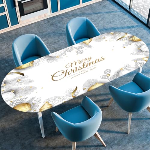 Morbuy Weihnachten Tischdecke Wasserdicht Oval,Elastische Tischdecke Oval Tischdecke mit Gummizug Rund, Tischdecken Tischtuch Abwischbar Gartentischdecken Tischschutz (91x152cm,Golden Kugel) von Morbuy