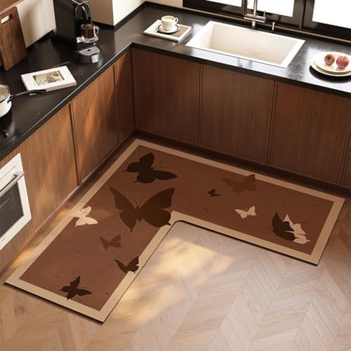 Morbuy rutschfest Küchenteppich, 3D-Blume-Blatt Teppich Küchenvorleger, Waschbar L-Förmig Kieselgur-Bodenmatte für Flur, Schlafzimmer, Badezimmer (Dunkelkaffee 1,100x100x45cm) von Morbuy