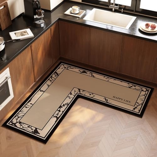 Morbuy rutschfest Küchenteppich, 3D-Blume-Blatt Teppich Küchenvorleger, Waschbar L-Förmig Kieselgur-Bodenmatte für Flur, Schlafzimmer, Badezimmer (Dunkelkhaki,80x80x45cm) von Morbuy