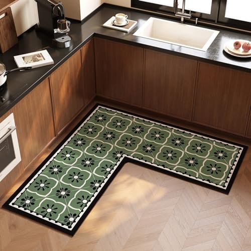 Morbuy rutschfest Küchenteppich, 3D-Blume-Blatt Teppich Küchenvorleger, Waschbar L-Förmig Kieselgur-Bodenmatte für Flur, Schlafzimmer, Badezimmer (Grün,70x70x45cm) von Morbuy