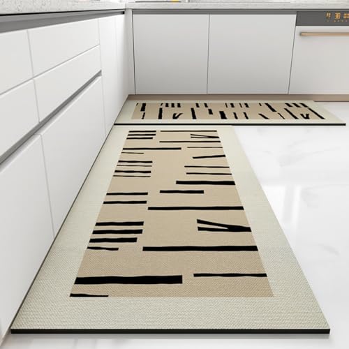 Morbuy rutschfest Küchenteppich, Geometrie Druck Teppich Küchenvorleger, Waschbar Kieselgur-Bodenmatte für Flur, Schlafzimmer, Badezimmer (Khaki Schwarz,40x60cm) von Morbuy