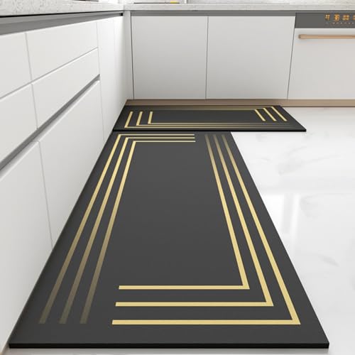 Morbuy rutschfest Küchenteppich, Geometrie Druck Teppich Küchenvorleger, Waschbar Kieselgur-Bodenmatte für Flur, Schlafzimmer, Badezimmer (Schwarz Gold,40x120cm) von Morbuy