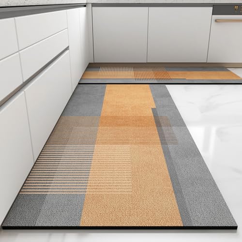 Morbuy rutschfest Küchenteppich, Graue Geometrie Teppich Küchenvorleger, Waschbar Kieselgur-Bodenmatte für Flur, Schlafzimmer, Badezimmer (Grau 7,60x90cm) von Morbuy