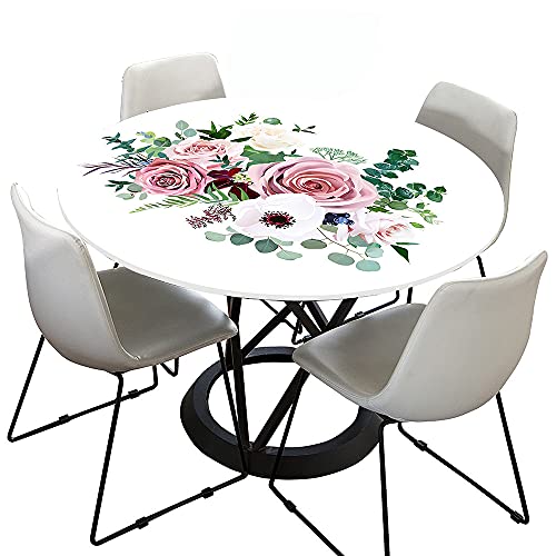 Morbuy Rund Tischdecke Elastisch, Blumen Drucken Rund Tischdecken Wasserdicht Lotuseffekt Abwaschbar Abwischbar Tischtuch für Dekoration Küchentisch Garten Outdoor (Durchmesser 90cm,Strauß) von Morbuy