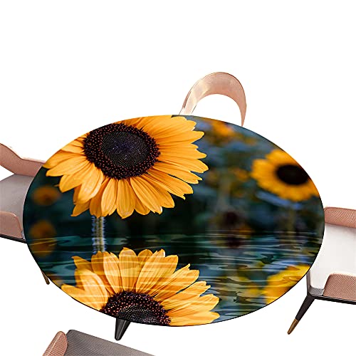 Morbuy Tischdecke Elastisch, 3D Sonnenblume Drucken Rund Tischdecken Wasserdicht Abwaschbar Abwischbar Tischtuch für Dekoration Küchentisch Garten Outdoor (Durchmesser 100cm,Sonnenblume Muster) von Morbuy