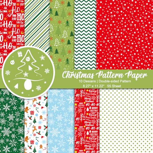 Morcheiong 55 Blatt Frohe Weihnachten Musterpapier Set, Dekoratives Papier für Die Kartengestaltung, Scrapbook, Fotoalbum, Dekor, 10 Designs (Mischfarben, 8,27 x 11,22 Zoll) von Morcheiong