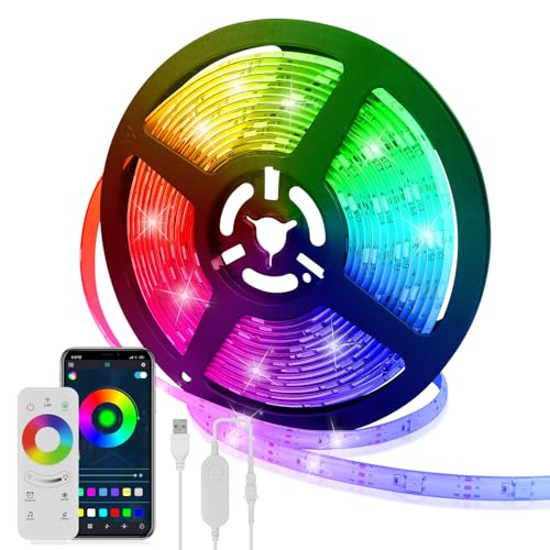 Mordx LED Strip 5M, Bluetooth LED Streifen Selbstklebend,Farbwechsel LED Lichterkette 5M mit Fernbedienung und App, Dimmbar Farbwechsel, Timing-Einstellungen, für Partys, Spielzimmer, Schlafzimmer von Mordx