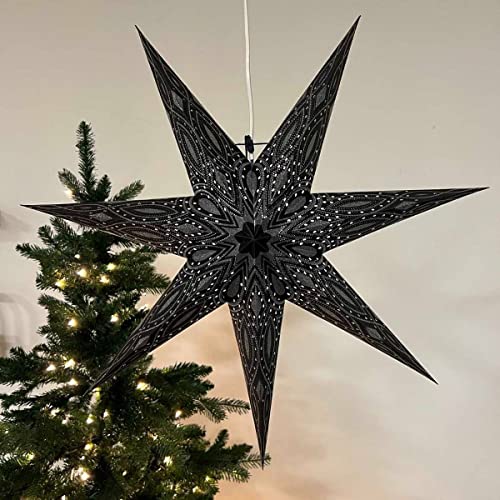 More Than Hip Nova Faltbarer Weihnachtsstern Schwarz Silber Glittern - Ø 60 cm - Handgefertigt Papierstern Beleuchtet für Weihnacht, Winter, Fensterdeko Leuchtstern - mit 3 Meter Kabel von More Than Hip