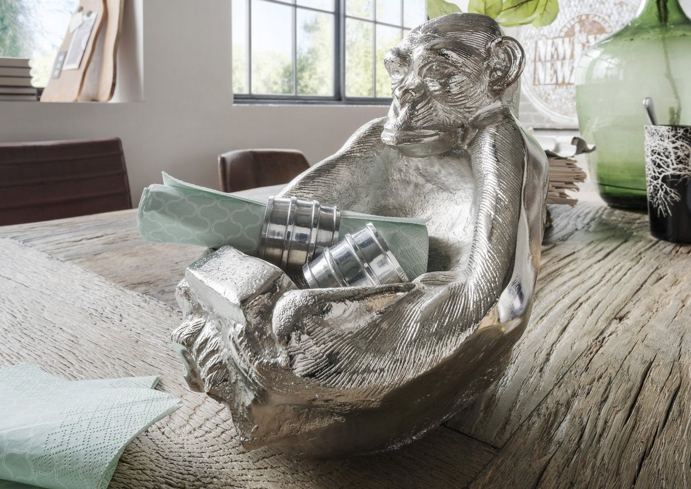 More2Home Dekoschale MONKEY, Affe mit Ablageschale in Aluminium massiv (3 KG) silber-natur vernickelt von More2Home