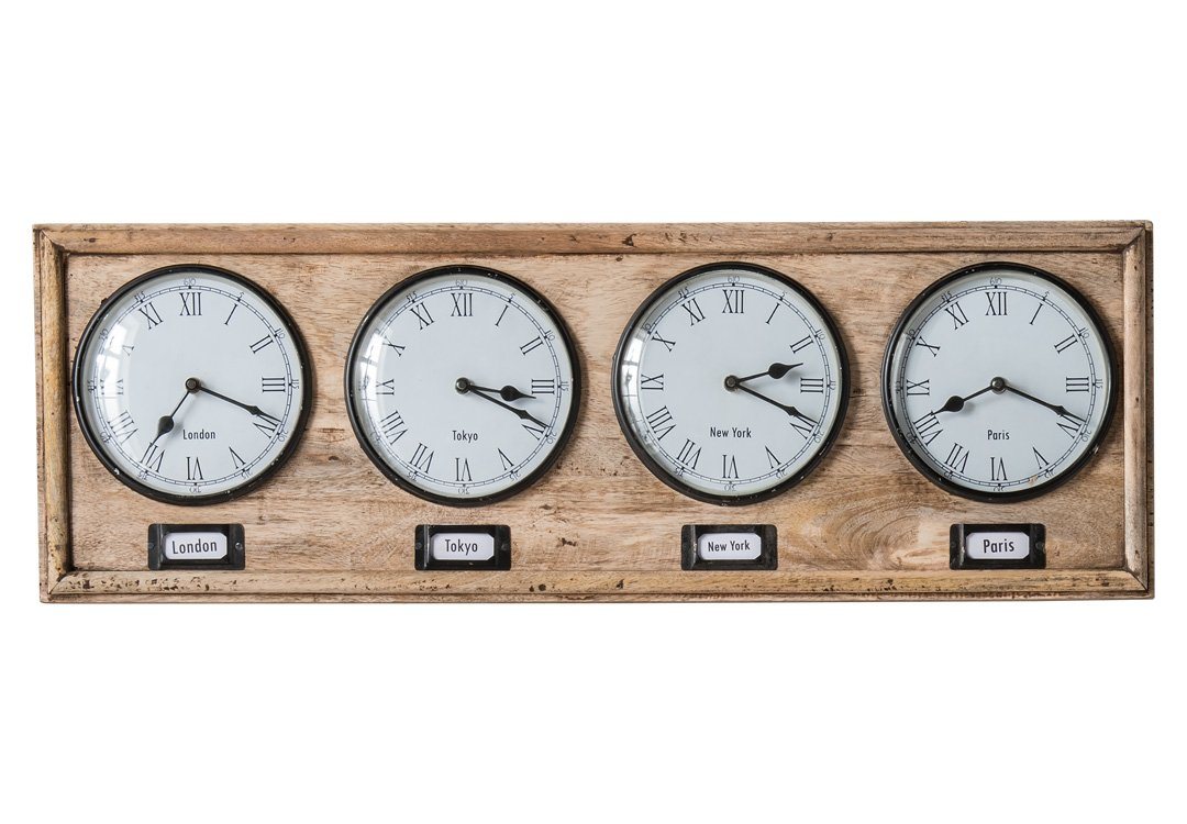 More2Home Wanduhr WELTZEIT mit 4 Zeitzonen, recyeltes Mangoholz von More2Home