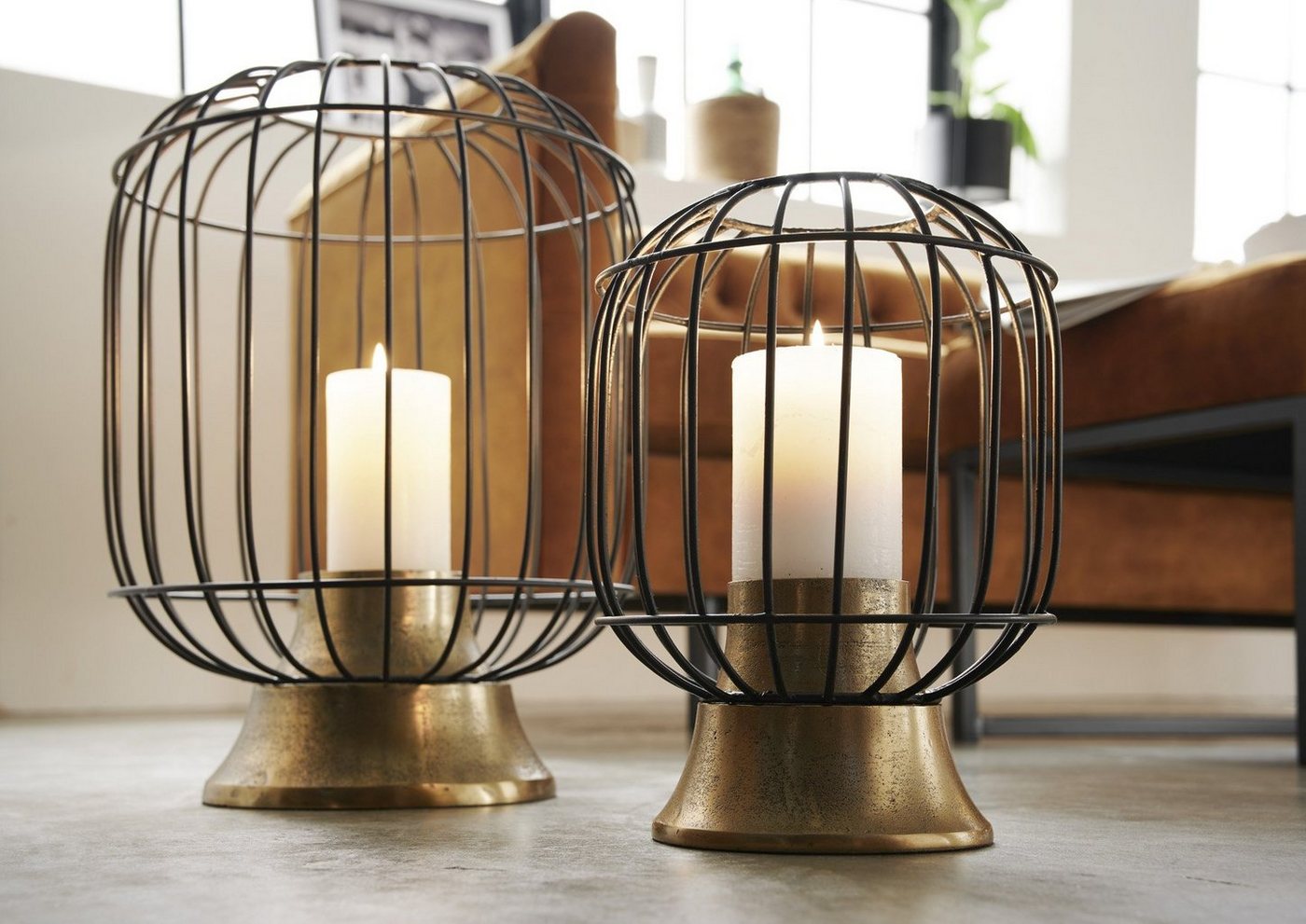 More2Home Windlicht CAGE, L= 40 cm hoch, Metall schwarz/antik-gold von More2Home