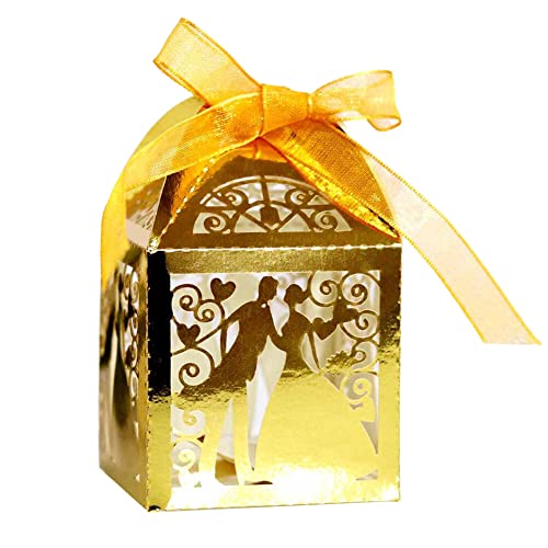 50 Stück Geschenkbox Pralinenschachtel, MoreChioce Gastgeschenkboxen Hochzeit Pralinenschachtel Leer Mini Geschenkbox Aushöhlen Süßigkeitsbox mit Bändern für Hochzeit Geburtstag,Reflektierend Gold von MoreChioce