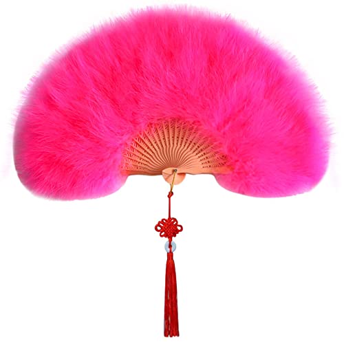 Damen Fächer Marabou Feder,MoreChioce 1920s Vintage Faltbar Handfächer Flapper Retro Marabu Federfächer Tanzfächer Folding Feather Fan für Gatsby Kostüme Partys Tanzen Hochzeit Dekoration,Rosenrot von MoreChioce