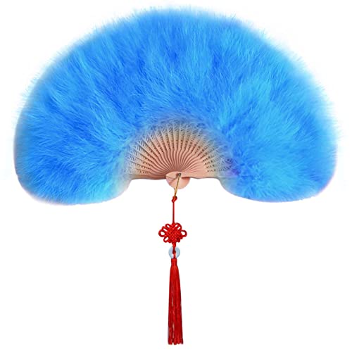 Damen Fächer Marabou Feder,MoreChioce 1920s Vintage Faltbar Handfächer Flapper Retro Marabu Federfächer Tanzfächer Folding Feather Fan für Gatsby Kostüme Partys Tanzen Hochzeit Dekoration,Blau See von MoreChioce