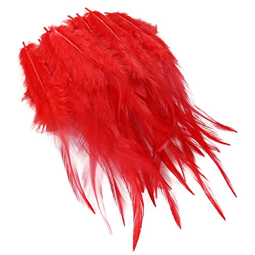 MoreChioce 100 Stück Federn zum Basteln, DIY-Federn Flauschige Federn Bunte Feder Deko Natürliche Hühnerfedern DIY Handwerk Basteln Kopfschmuck Kleidungszubehör 12cm–15cm,Rot von MoreChioce