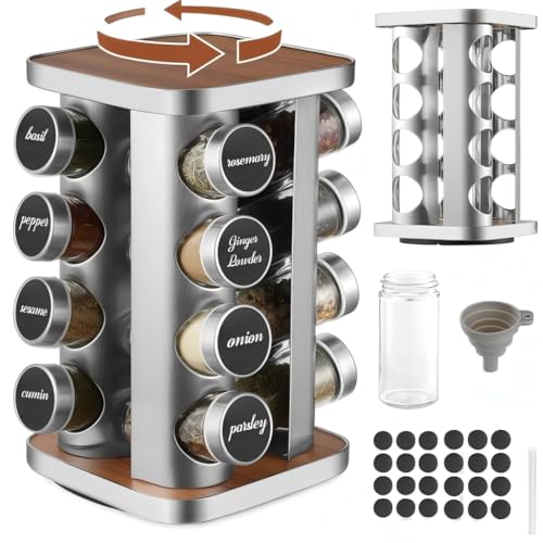 Moreau Gewürzregal,Gewürzständer Für Die Küche,Gewürz Organizer Aus Edelstahl Mit 16 Gewürzgläsern à 100 Ml, Gewürzregal Stehend Um 360 ° Drehbar,Mit Trichter, Etikett,Stift Und Reinigungsbürste von Moreau