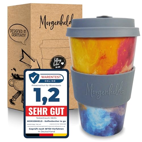 Morgenheld Coffee-to-go Becher "HeyHoli" 380ml | Porzellan Kaffeebecher mit Silikondeckel, BPA-frei, nachhaltiger Trinkbecher mit Deckel, plastikfrei verpackt | Perfekt für Kaffee, Tee & unterwegs von Morgenheld