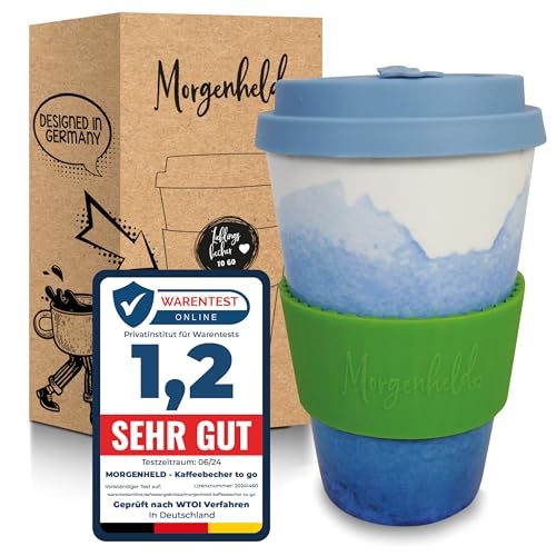 Morgenheld Coffee-to-go Becher "Holi_blue" 380ml | Porzellan Kaffeebecher mit Silikondeckel, BPA-frei, nachhaltiger Trinkbecher mit Deckel, plastikfrei verpackt | Perfekt für Kaffee, Tee & unterwegs von Morgenheld