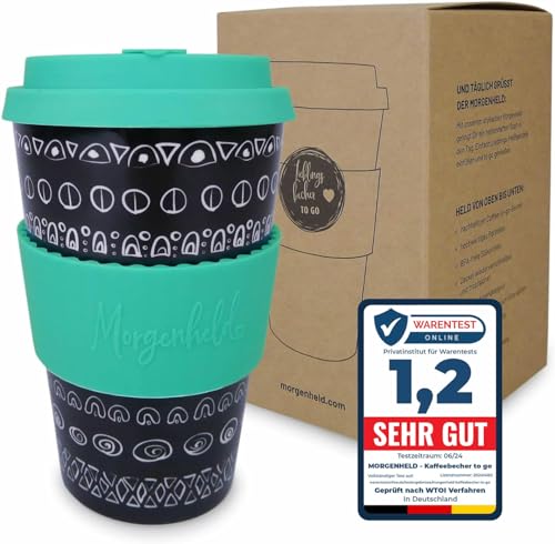 Morgenheld Kaffeebecher to go, Porzellan Coffee to go Becher mit Deckel 380ml, Blacky Ocean von Morgenheld