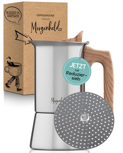 Morgenheld Espressokocher Edelstahl klein mit Reduziersieb 4 Tassen 200ml Mokkakanne Espressokanne induktionsgeeignet Espressomaker Induktion Espressomaschine Mokkakocher für Induktionsherd Gasherd von Morgenheld