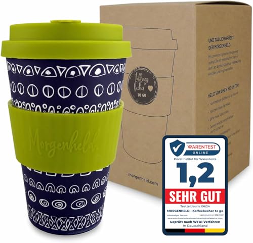 Morgenheld Kaffeebecher to go, Porzellan Coffee to go Becher mit Deckel 380ml, Blacky Lime von Morgenheld