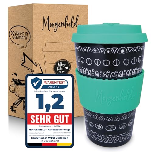 Morgenheld Coffee-to-go Becher "Blacky Ocean" 380ml | Porzellan Kaffeebecher mit Silikondeckel, BPA-frei, nachhaltiger Trinkbecher mit Deckel plastikfrei verpackt | Perfekt für Kaffee Tee & unterwegs von Morgenheld