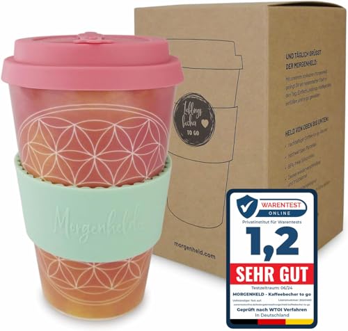 Morgenheld Kaffeebecher to go, Porzellan Coffee to go Becher mit Deckel 380ml, Blume des Lebens von Morgenheld