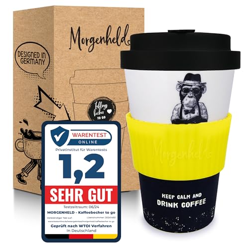 Morgenheld Coffee-to-go Becher "Monkey Citron" 380ml Porzellan Kaffeebecher mit Silikondeckel, BPA-frei, nachhaltiger Trinkbecher mit Deckel plastikfrei verpackt, Perfekt für Kaffee Tee & unterwegs von Morgenheld