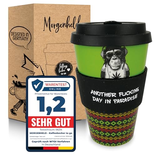 Morgenheld Coffee-to-go Becher "Monkey Reggae" 380ml, Porzellan Kaffeebecher mit Silikondeckel, BPA-frei, nachhaltiger Trinkbecher mit Deckel plastikfrei verpackt, Perfekt für Kaffee Tee & unterwegs von Morgenheld