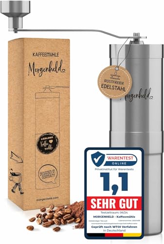 Morgenheld Kaffeemühle Edelstahl manuell stufenloses Keramikmahlwerk mechanische Hand Kaffee Mühle Kegelmahlwerk Espresso Handkaffeemühle für Outdoor und Camping manuelle Espressomühle Kaffeemahlwerk von Morgenheld