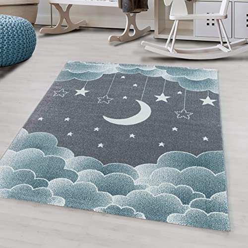 Funny Mond und Stern Baby kinderzimmer Teppich kurzflor rechteckig 80x150cm blau von Morhane